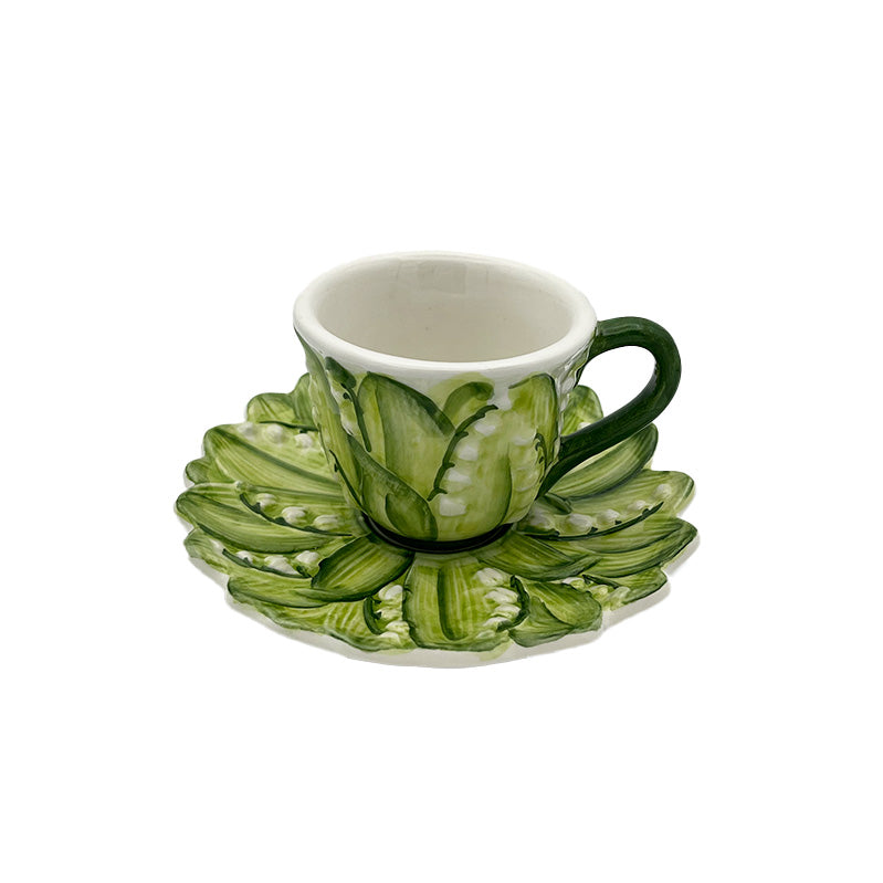 Nina Campbell ceramic espresso cup and saucer with a lily of the valley hand painted design