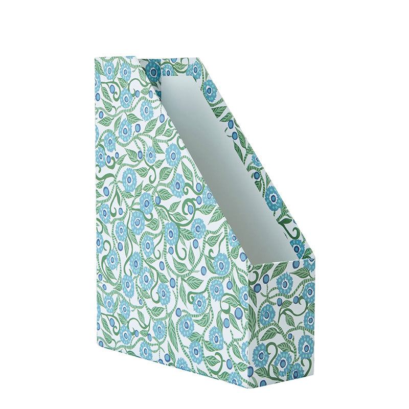 Nina Campbell magazine file in the blue colour way stationery collection on white background