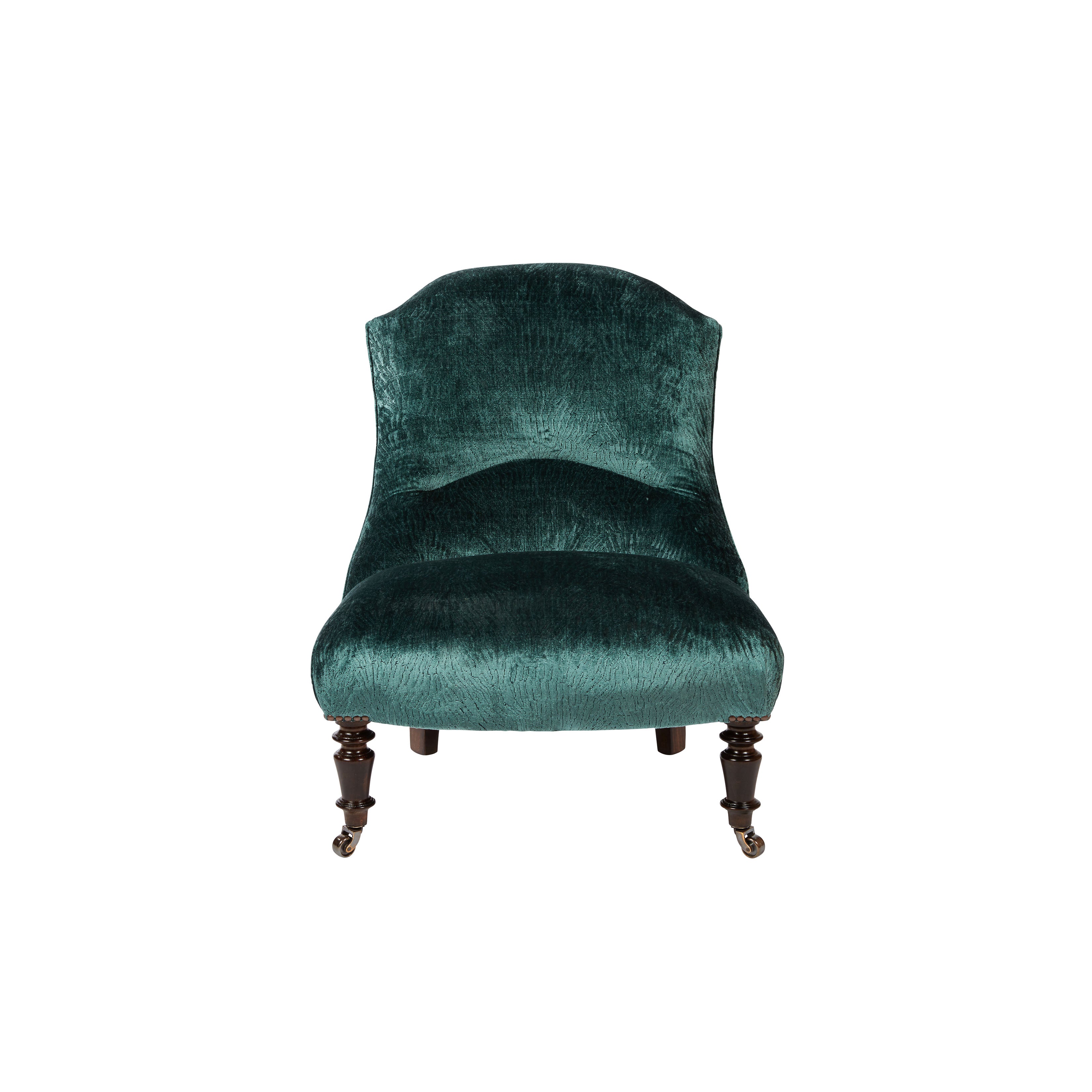 Nina Campbell Munro Chair, in a dark green velvet fabric, on a white background.