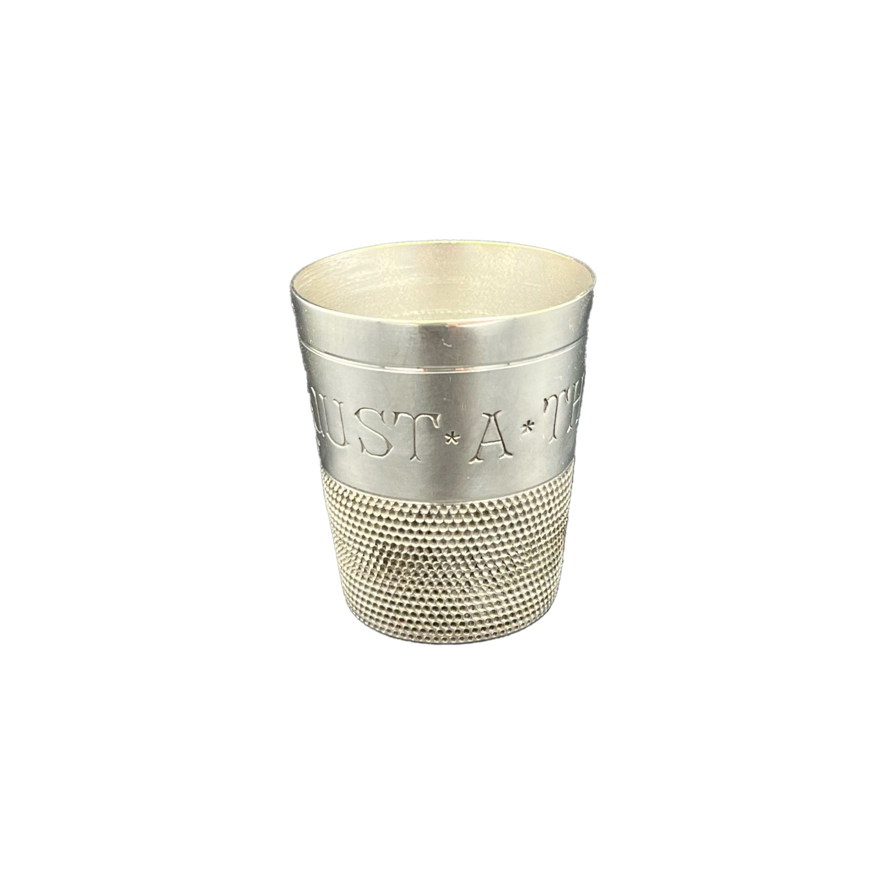Antique Silver Plated "Just A Thimble Full" Drinks Measure c1910