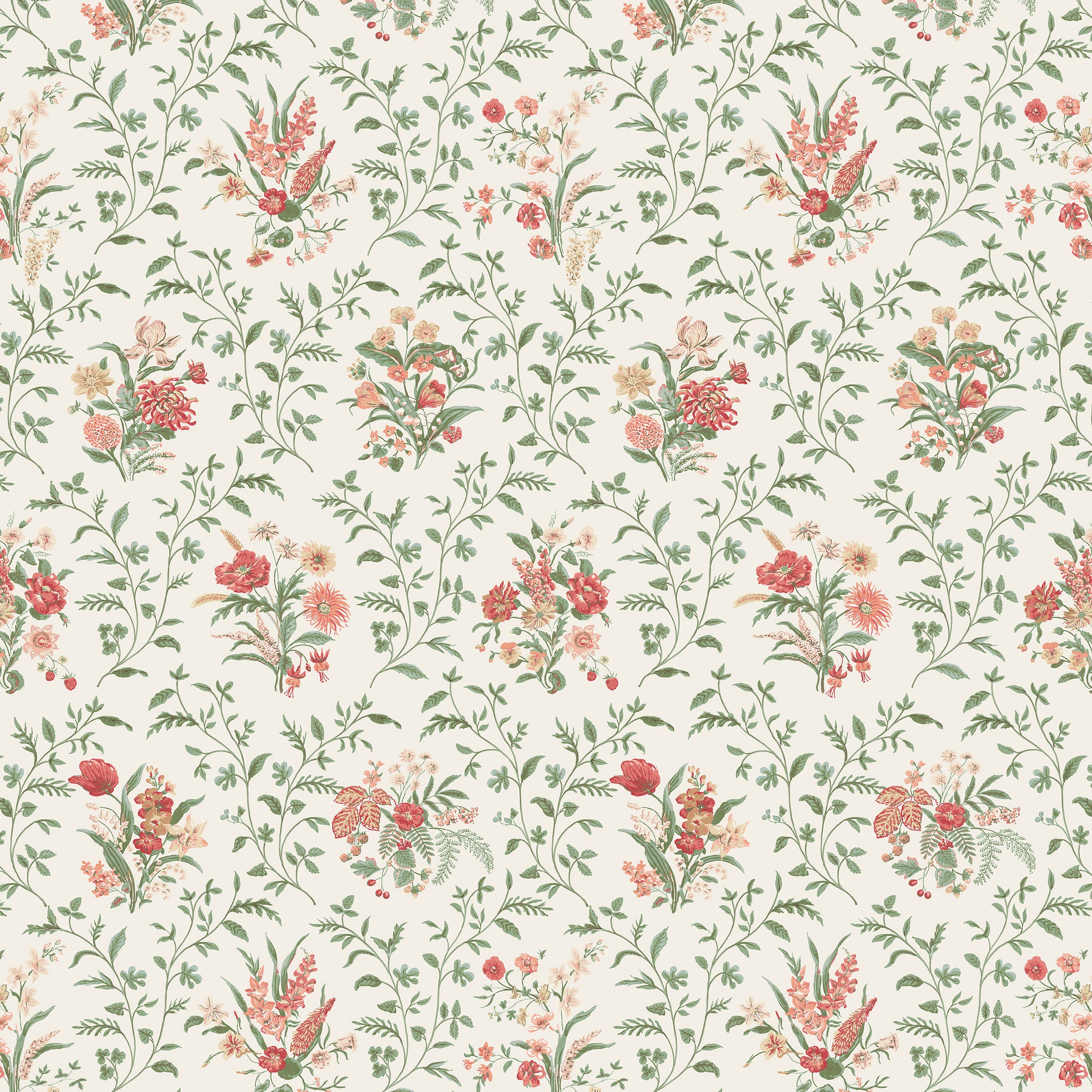 Nina Campbell Fabric - Dallimore Hollingbourne Coral/Eucalyptus NCF4535-01