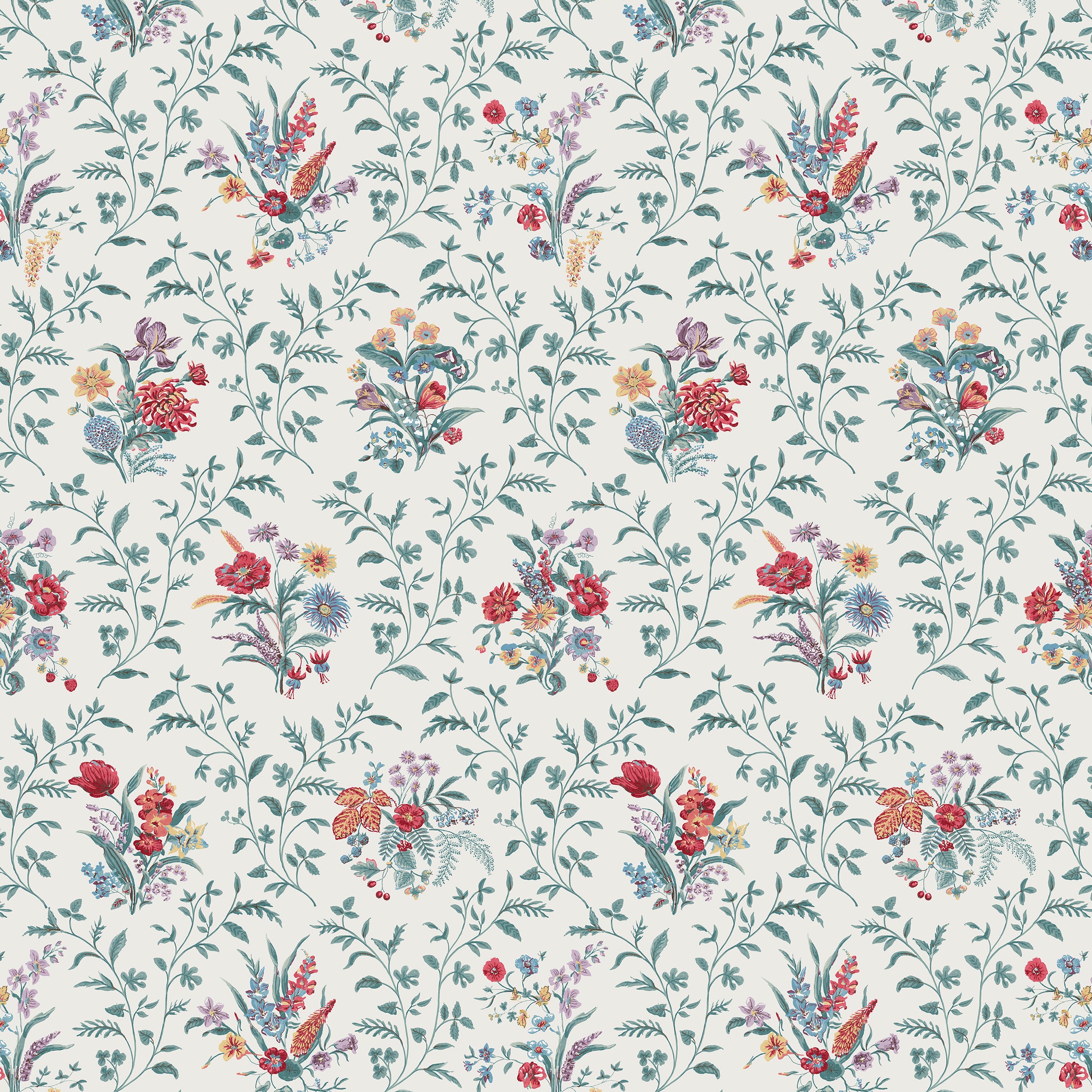 Nina Campbell Fabric Dallimore Hollingbourne Teal/Red/Amethyst NCF4535-02