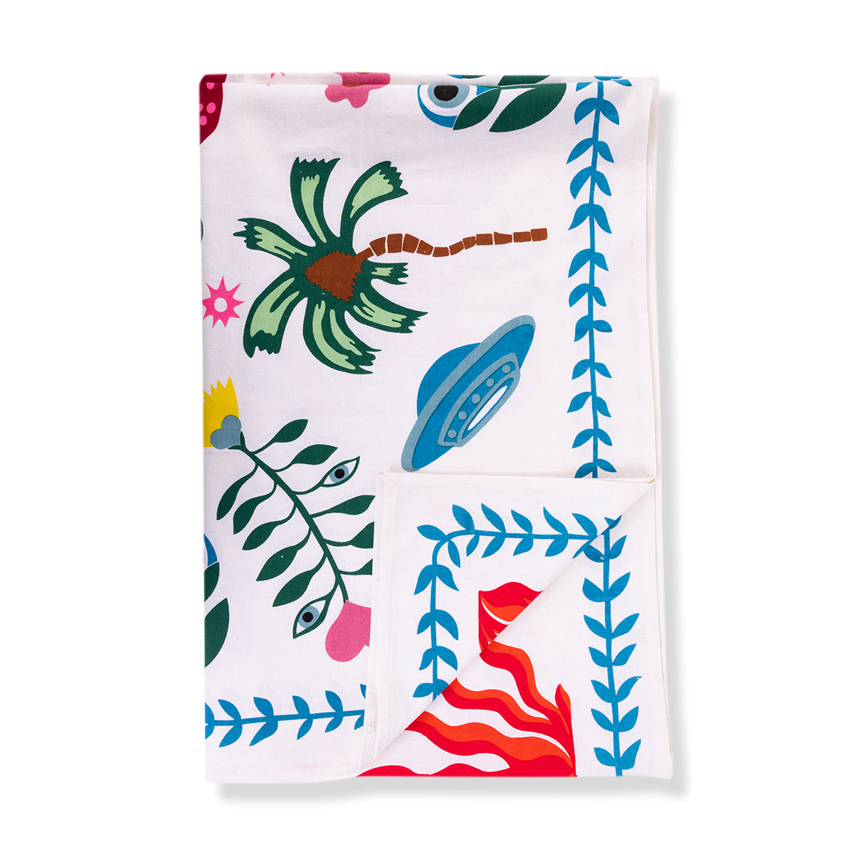 Nina Campbell Nammos Bright Graphic Summer Tablecloth against a white background