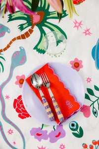 Nina Campbell Nammos Bright Graphic Summer Tablecloth on table setting