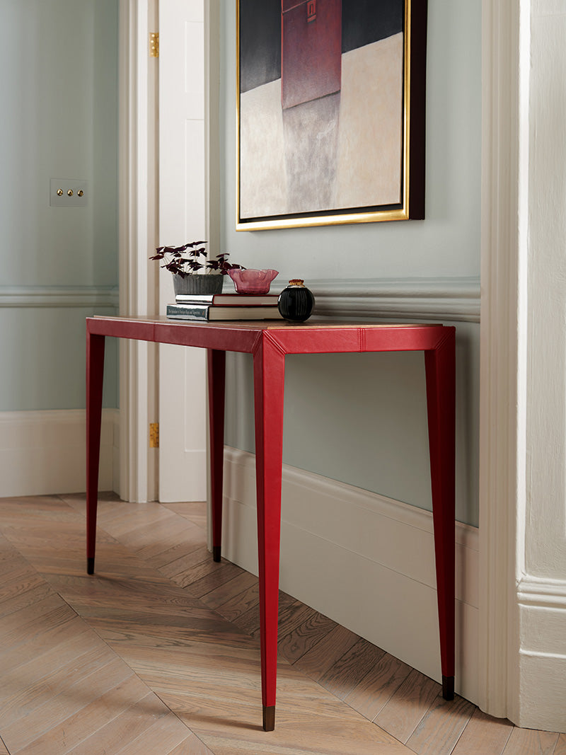 Nina Campbell Gerome Console - Leather Wrapped & Walnut Top in room setting