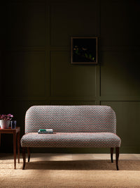 Nina Campbell Lehmann Bench in Chiddingstone Fabric in blue and red against in a room set with Sidney End Table