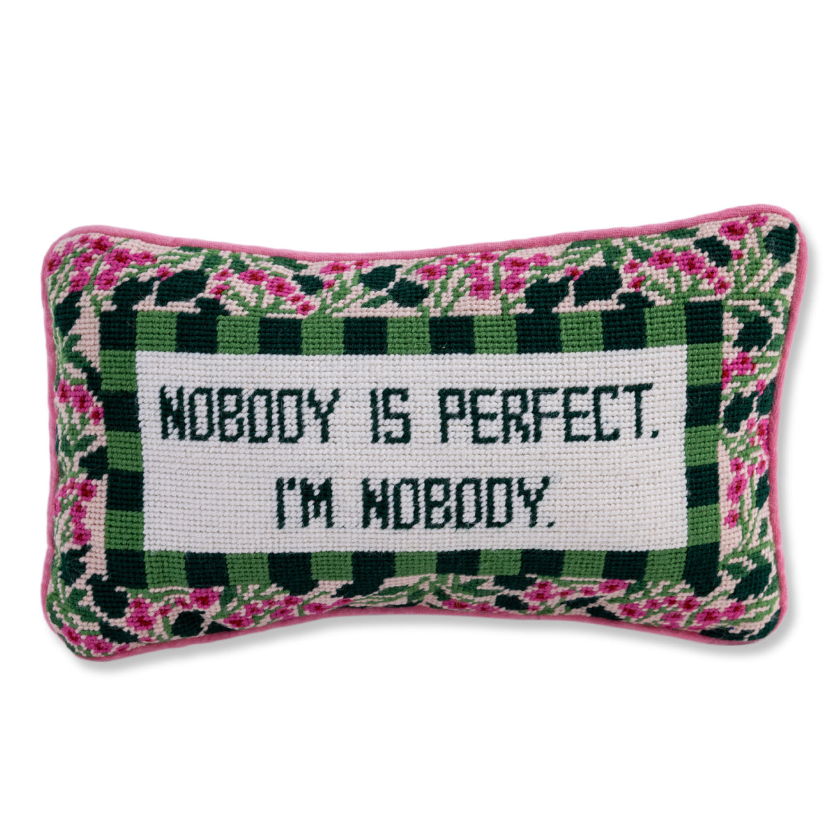 Nina Campbell Needlepoint Cushion Nobody is Perfect against a white background