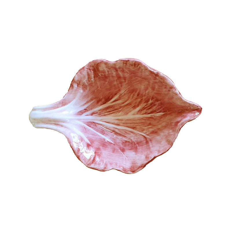 Nina Campbell small ceramic bowl shaped like a leaf and hand painted in pink on a white background