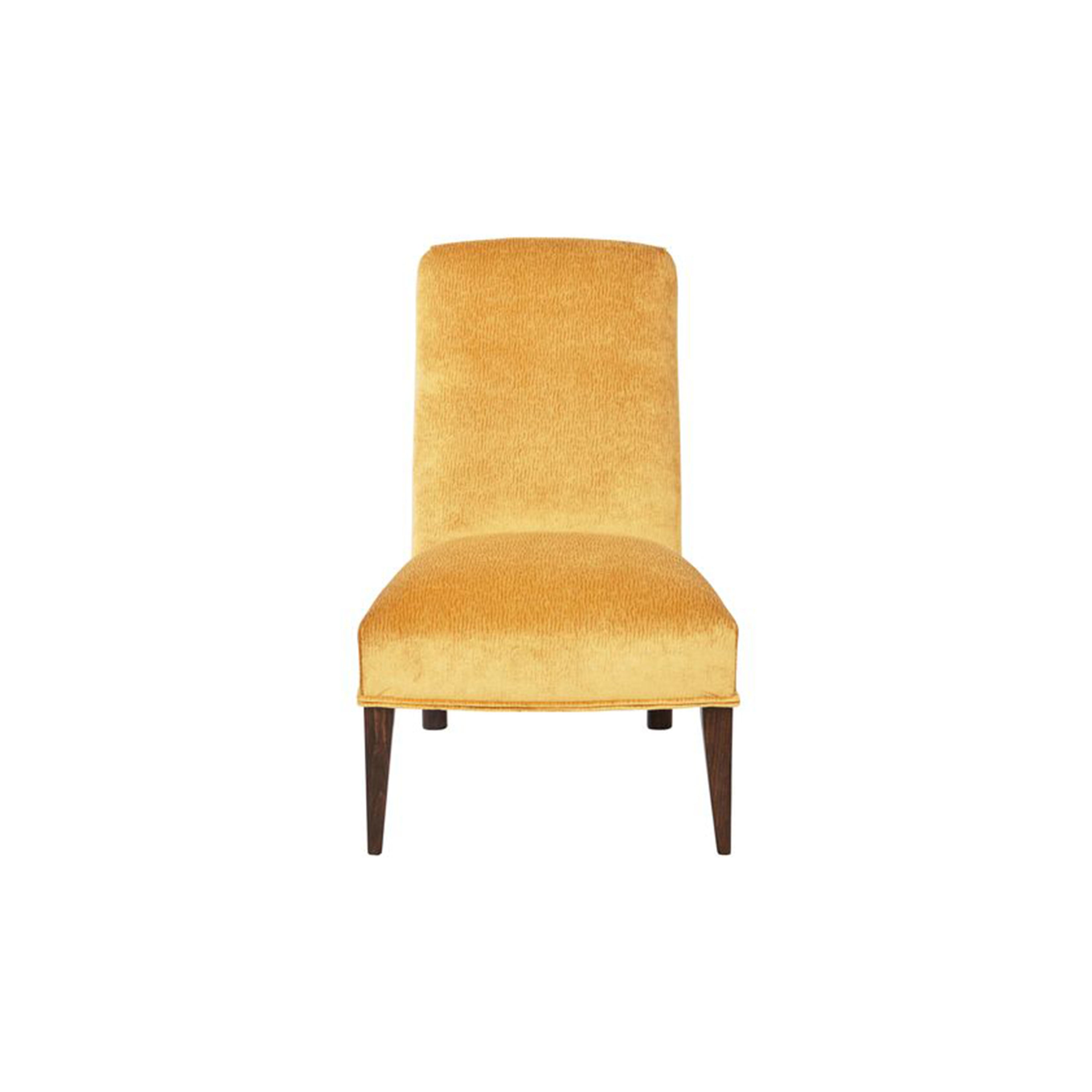 Nina Campbell Rita Slipper Chair, in a yellow velvet fabric, on a white background.