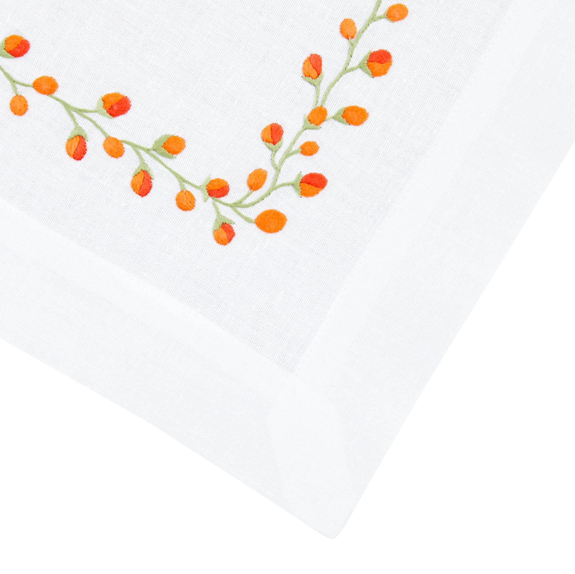Nina Campbell Bud Placemat Pink/Orange/Red against a white background detailed corner shot