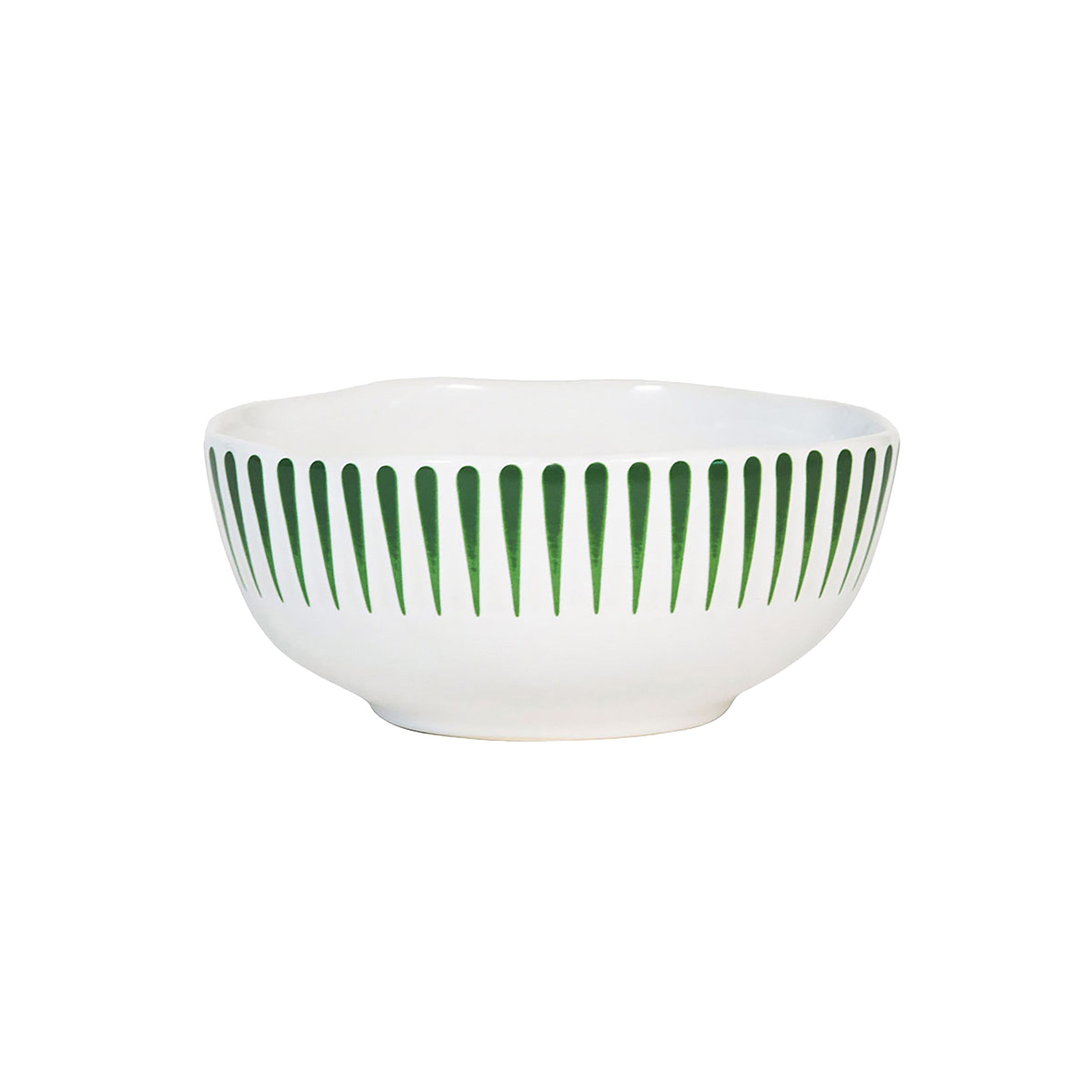 Nina Campbell green Sitio Stripe cereal bowl on white background