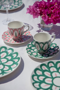 Symi Coffee or Tea Cup & Saucer PInk/Green