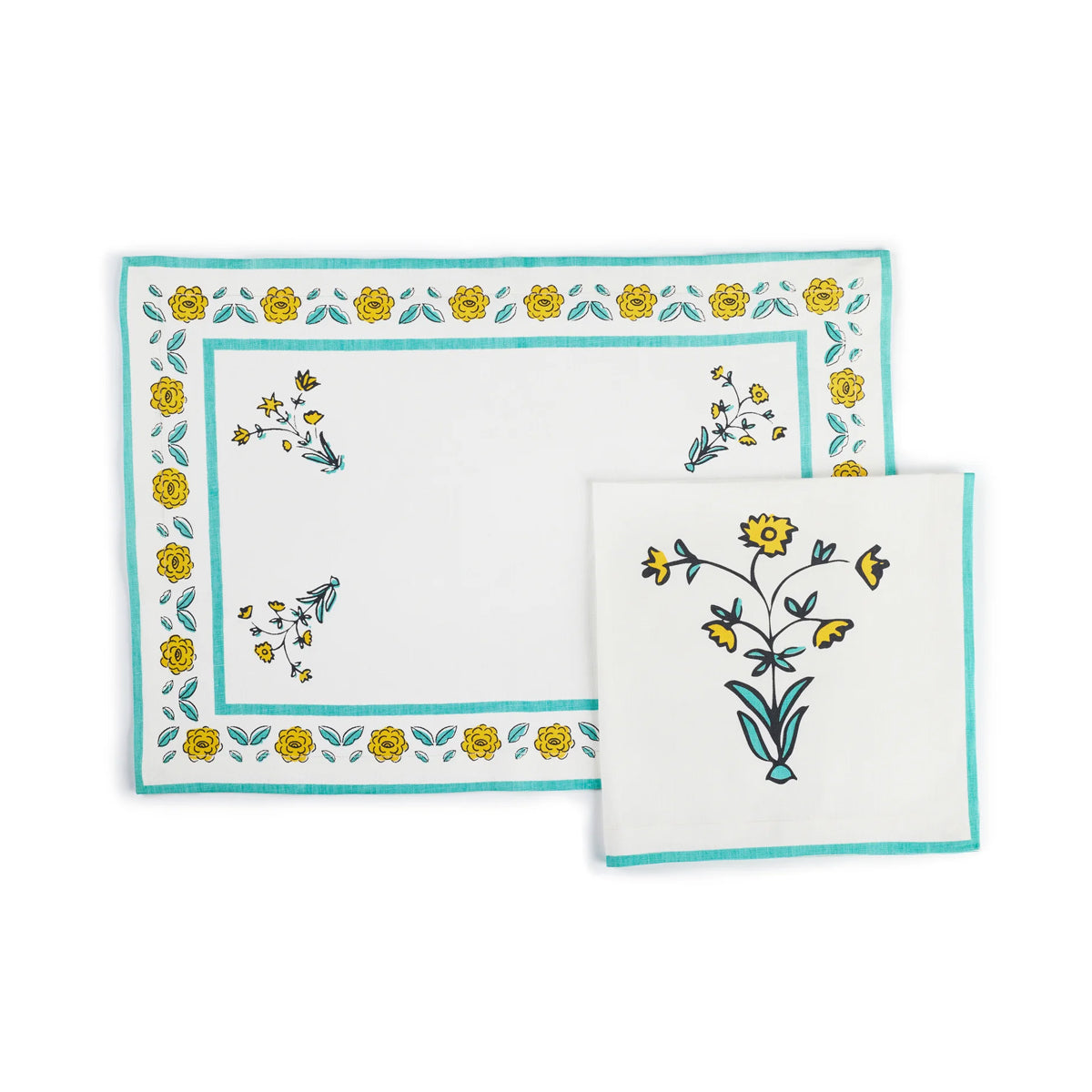 Set of Four Placemat & Napkin Flowers Teal