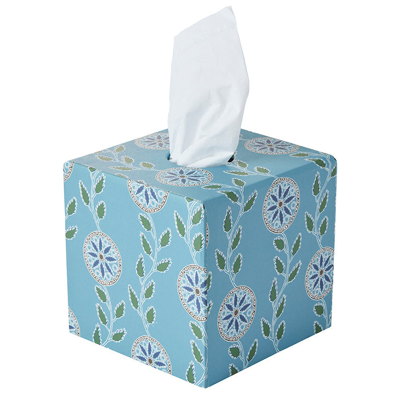 Nina Campbell tissue box in the blue colour way stationery collection on white background