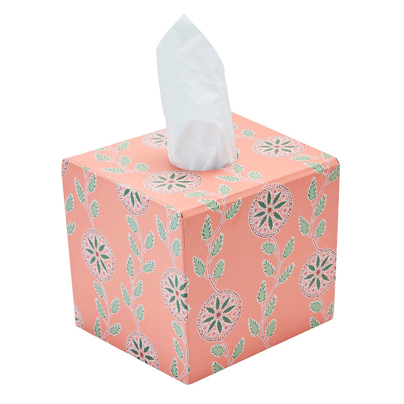 Nina Campbell tissue box in the coral colour way stationery collection on white background