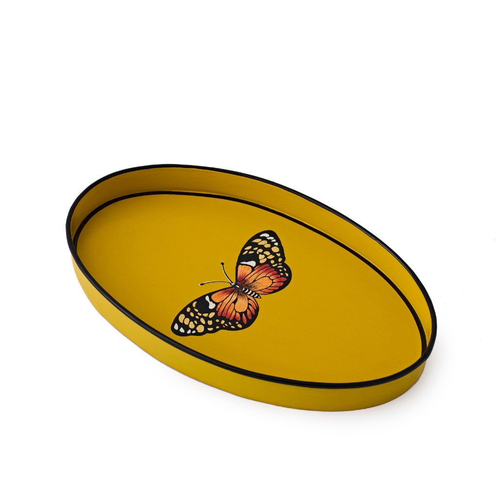 Iron Tray Oval Butterfly Yellow