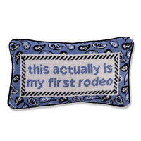 Nina Campbell Needlepoint Cushion First Rodeo against a white background