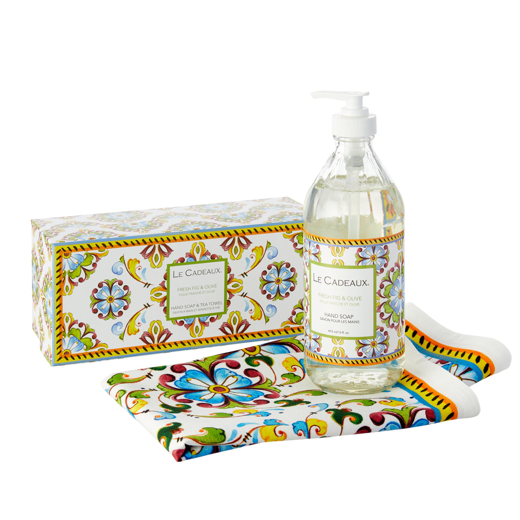 Rosemary Mint fragrance liquid hand wash in glass bottle with coordinating  tea towel in decorative gift box — Le Cadeaux