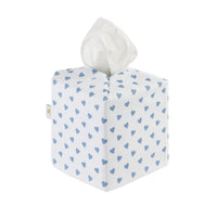 Nina Campbell tissue box cover in fabric with blue hearts against a white background