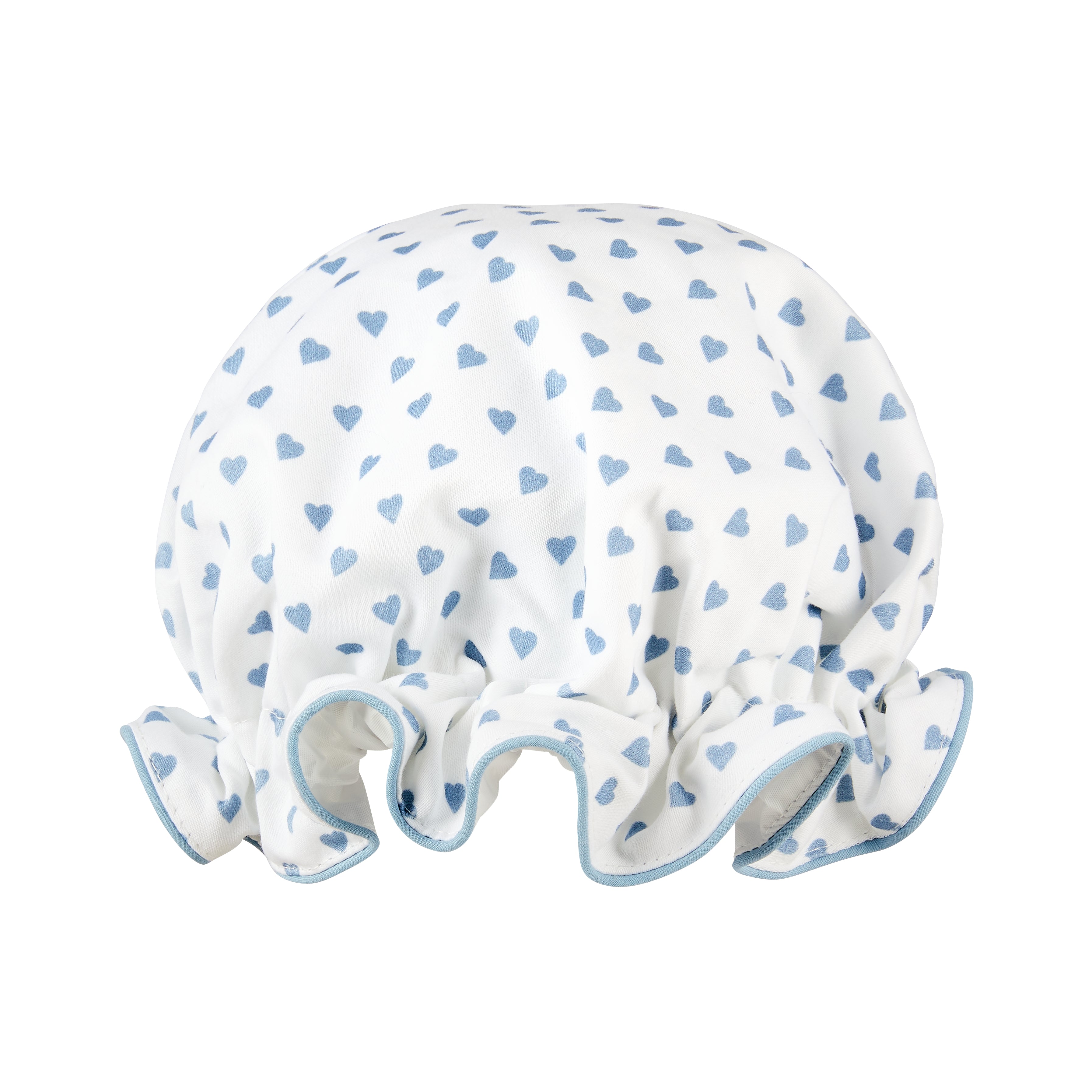Nina Campbell bath hat with blue hearts against a white background