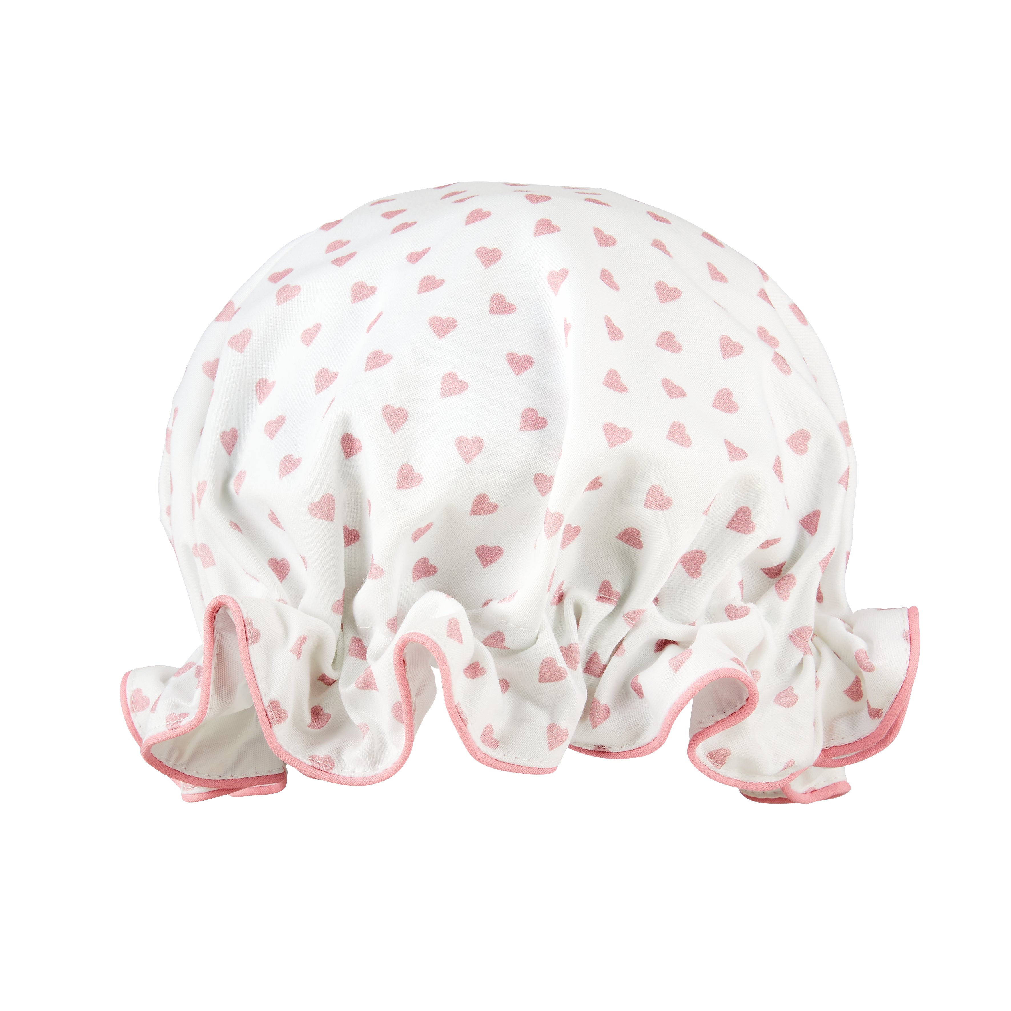 Nina Campbell bath hat with pink hearts against a white background