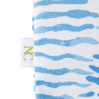 Nina Campbell tissue box cover in fabric blue patterned against a white background tag close up
