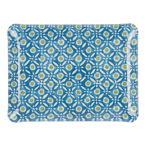 Nina Campbell Fabric Tray Small Batik Dots Blue/Green against a white background