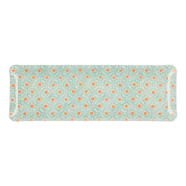 Nina Campbell Fabric Tray Oblong Batik Dot Aqua/Coral against a white background