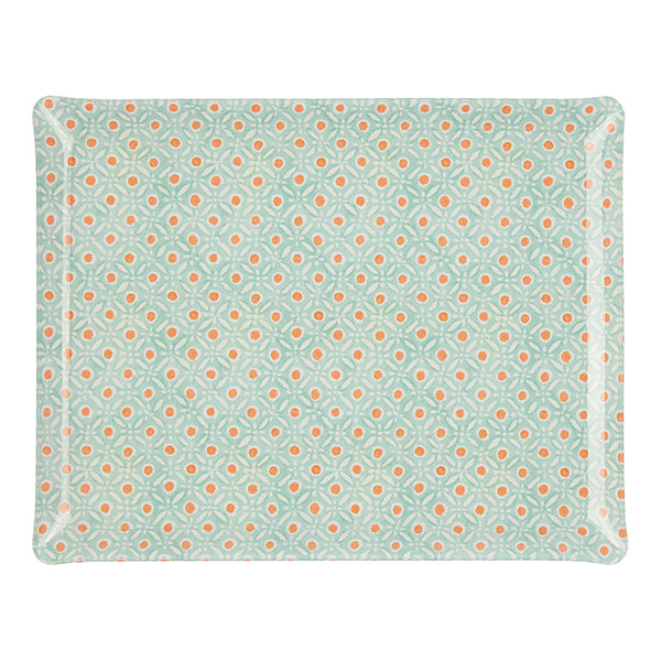 Nina Campbell Fabric Tray Large Batik Dots Aqua/Coral against a white background