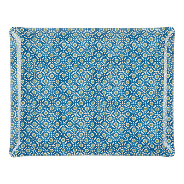 Nina Campbell Fabric Tray Large Batik Dots Blue/Green against a white background