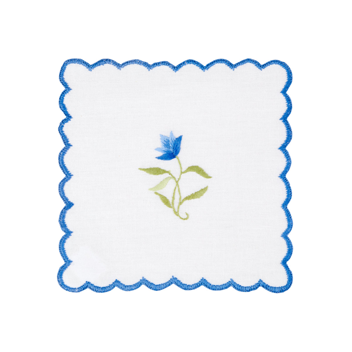 Nina Campbell cocktail napkin / coaster blue flower on white background