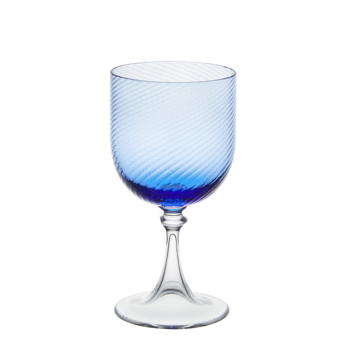 Nina Campbell red wine glass in blue against a white background