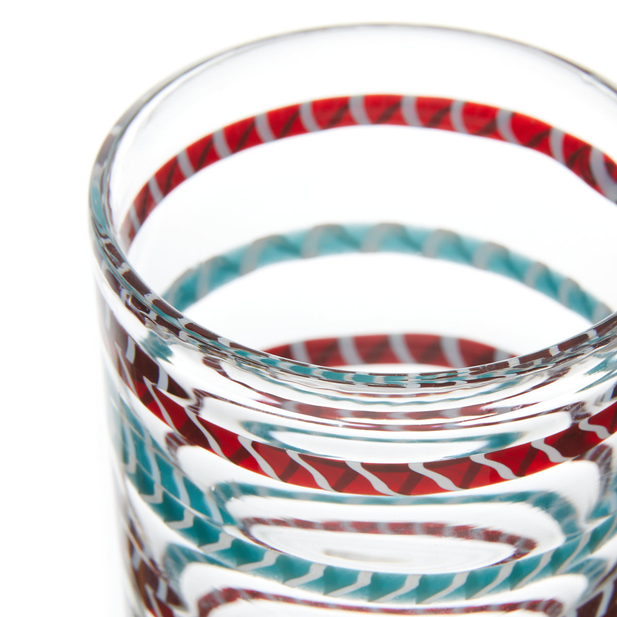 Nina Campbell Small Tumbler Red/Aqua Candy Stripes against a white background close up rim