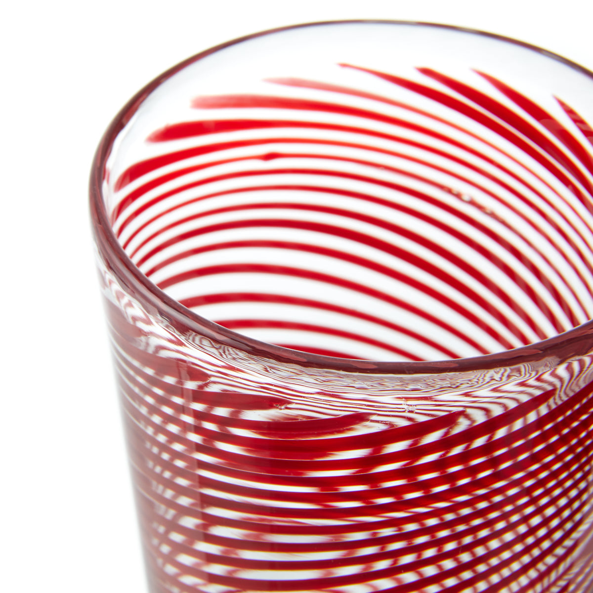 Nina Campbell Red Pinstripe Swirl against a white background closeup