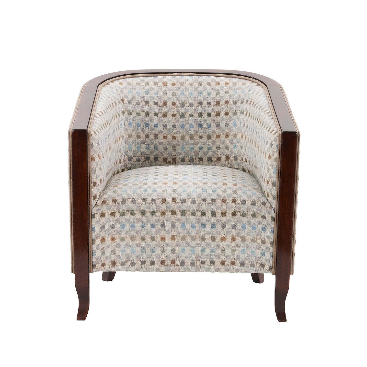 Nina Campbell Brewster Tub Chair in chequered Fabric against a white background