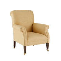 Nina Campbell Elizabeth Barret Browning Armchair in yellow fabric against white background angled shot