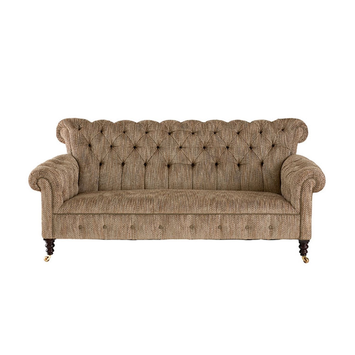 Nina Campbell Gatsby Buttoned Sofa in brown fabric against a white background