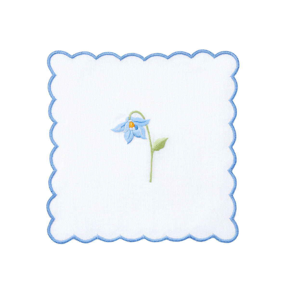 Nina Campbell cocktail napkin / coaster blue flower on white background