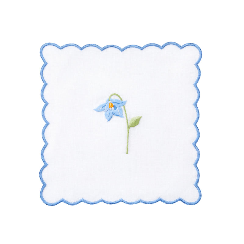Nina Campbell cocktail napkin / coaster blue flower on white background