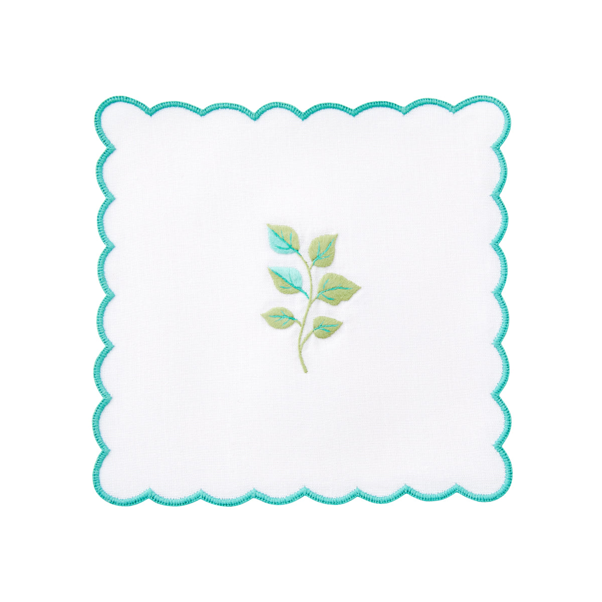 Nina Campbell cocktail napkin / coaster aqua leaf on white background