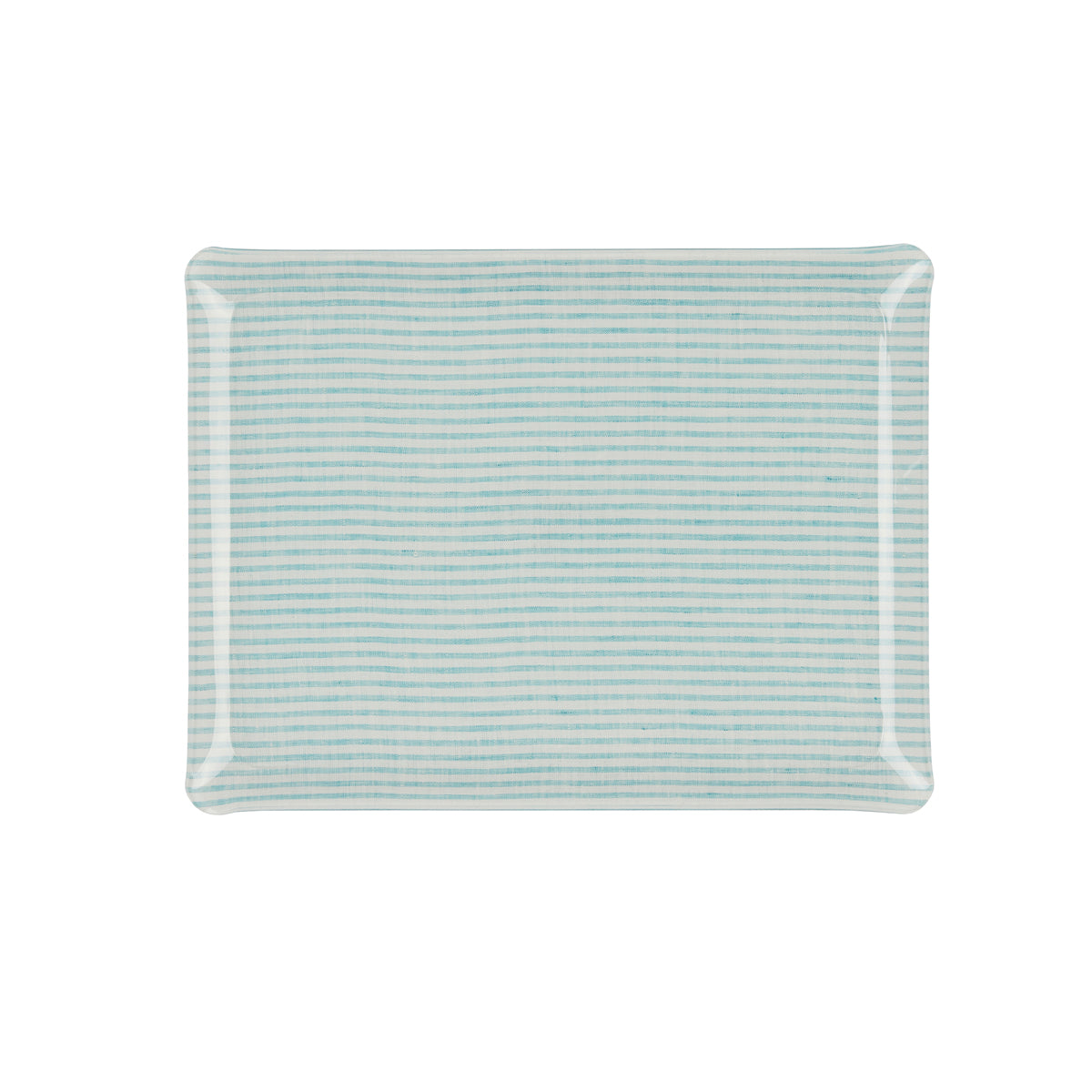 Nina Campbell Fabric Tray Medium Stripe Aqua and White against a white background
