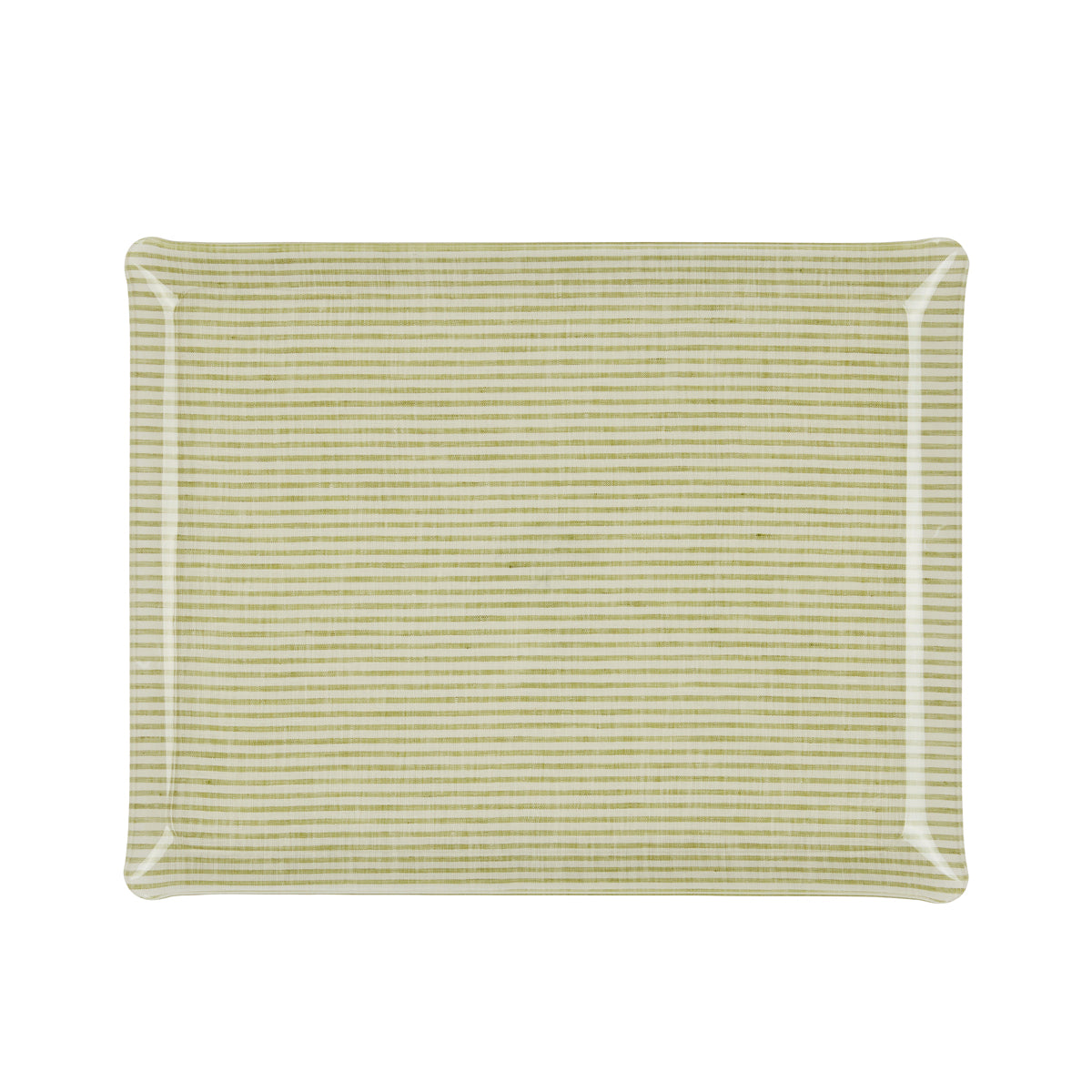 Nina Campbell Fabric Tray Large Stripe Green and White against a white background
