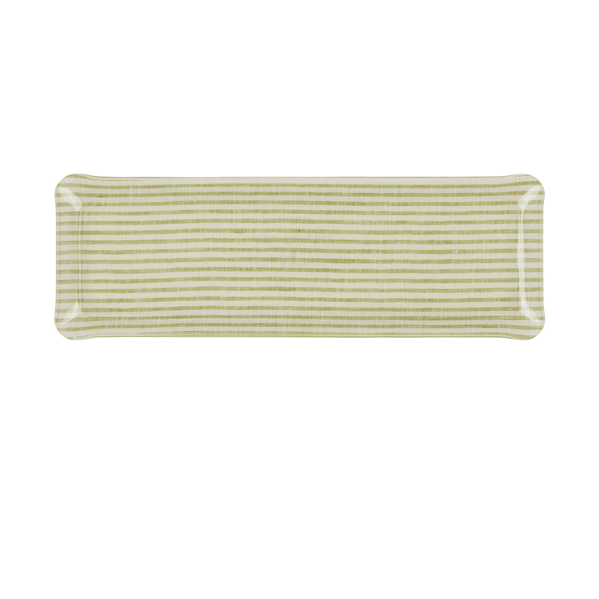 Nina Campbell Fabric Tray Oblong Stripe Green and White against a white background