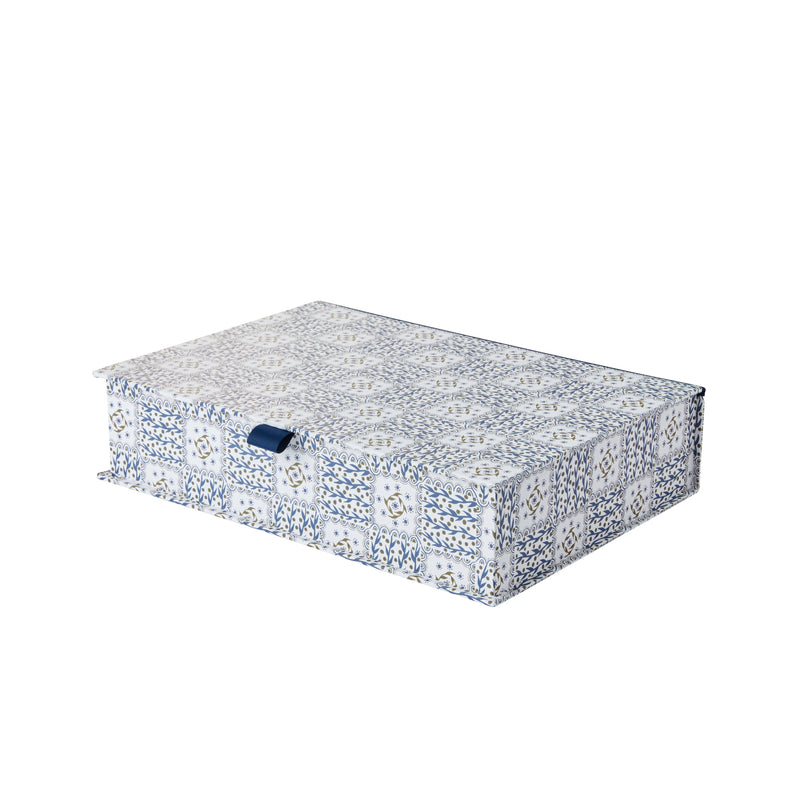 Nina Campbell A4 Box File in blue chequered pattern on white background