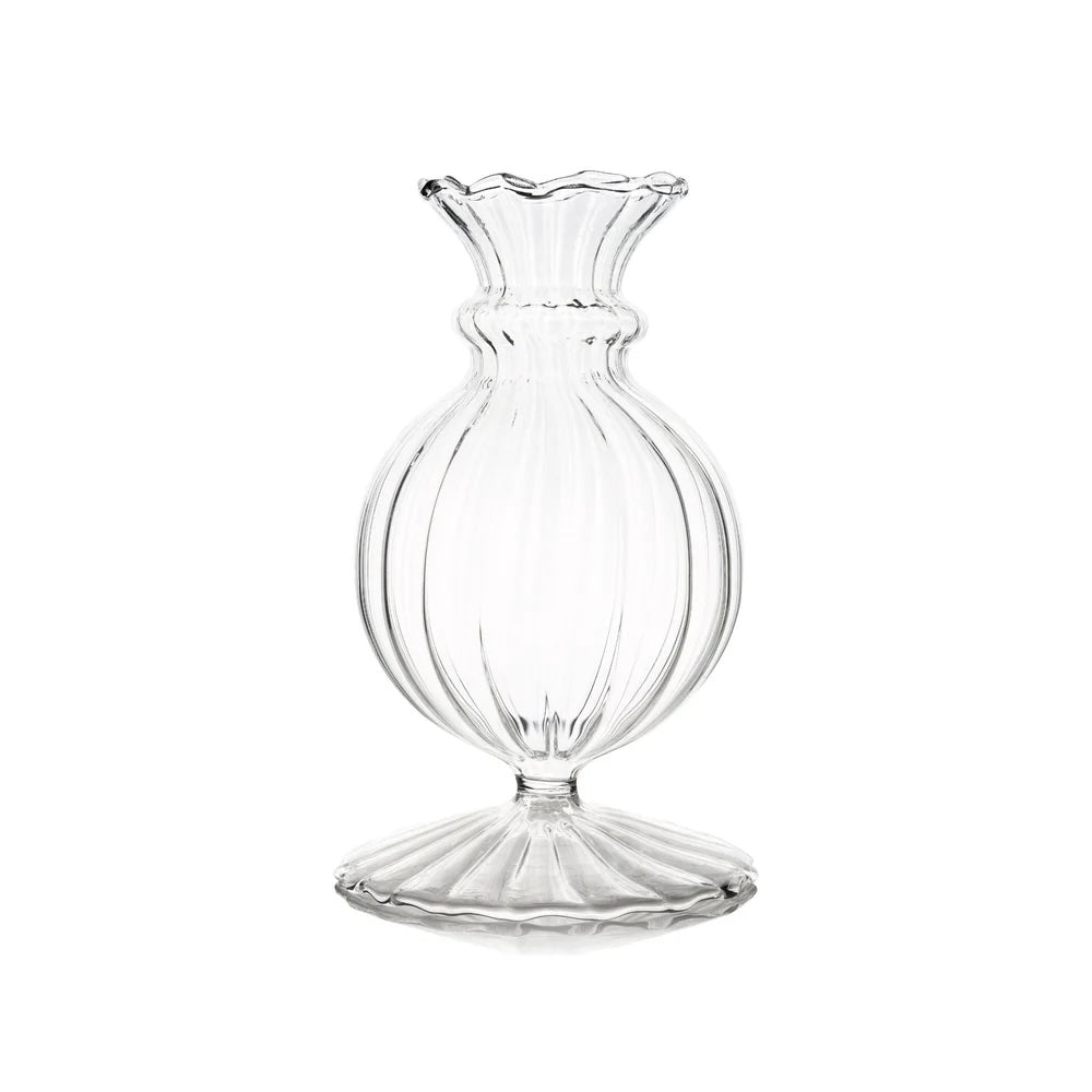 Nina Campbell clear small glass vase against a white background