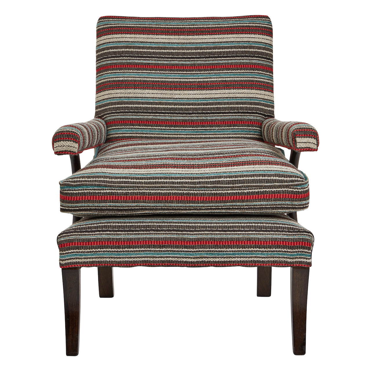 Nina Campbell Mackenzie Arm chair, in striped red, grey and blue fabric, on a white background.