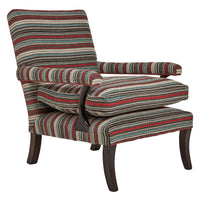 Nina Campbell Mackenzie Arm chair, in striped red, grey and blue fabric, on a white background.