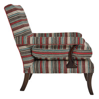 Nina Campbell Mackenzie Arm chair, in striped red, grey and blue fabric, on a white background.