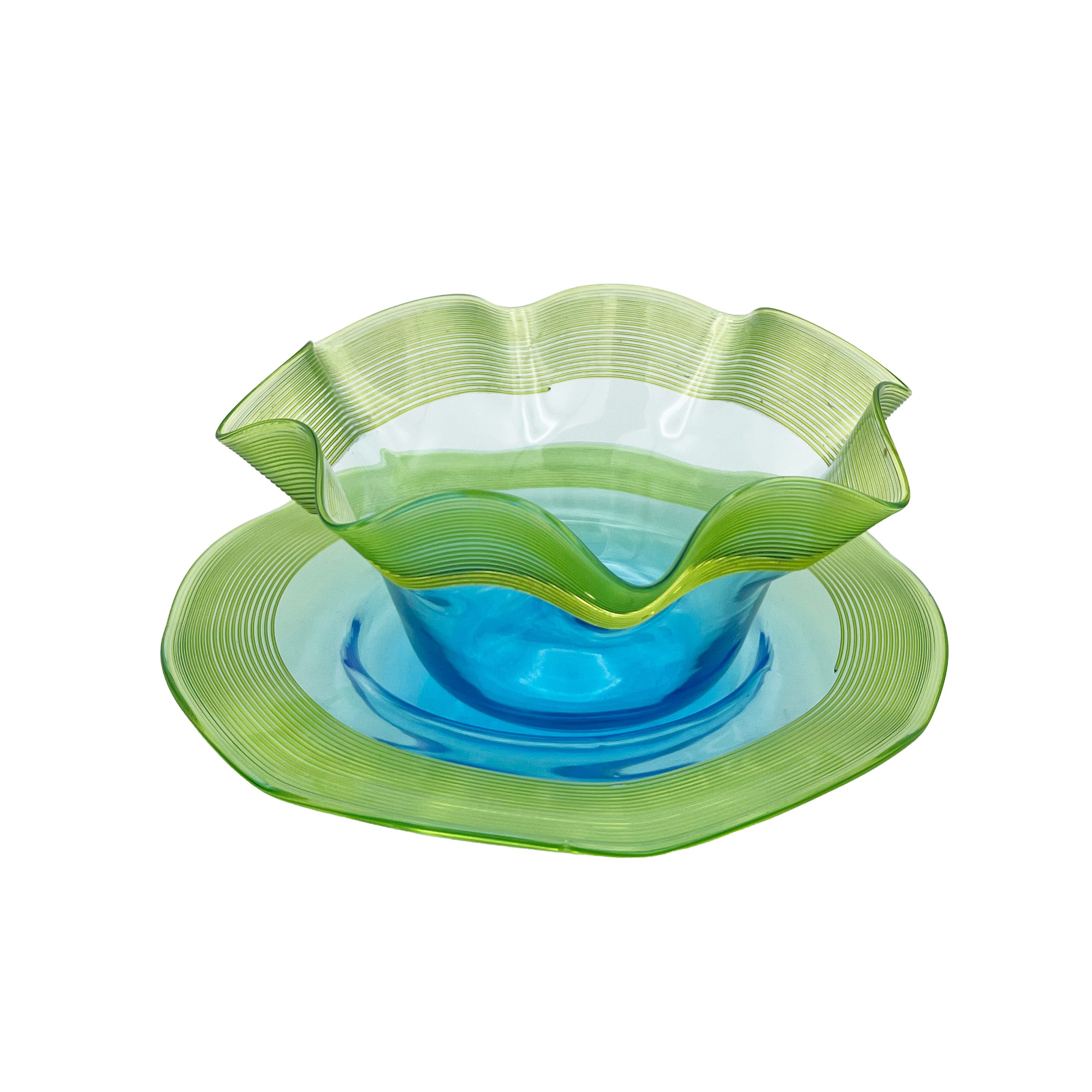 Nina Campbell Antique Blue and Green glass bowl and dish with scalloped edge on white background