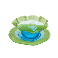 Nina Campbell Antique Blue and Green glass bowl and dish with scalloped edge on white background